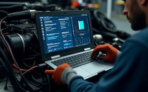 Technician using a laptop for engine diagnostics on a truck