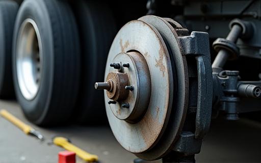 Close-up of a heavy-duty truck wheel during a brake service